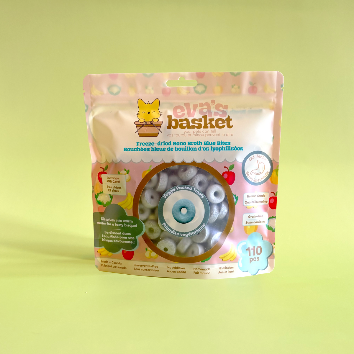 Blue freeze-dried bone broth donut treats for dogs and cats by Eva's Basket