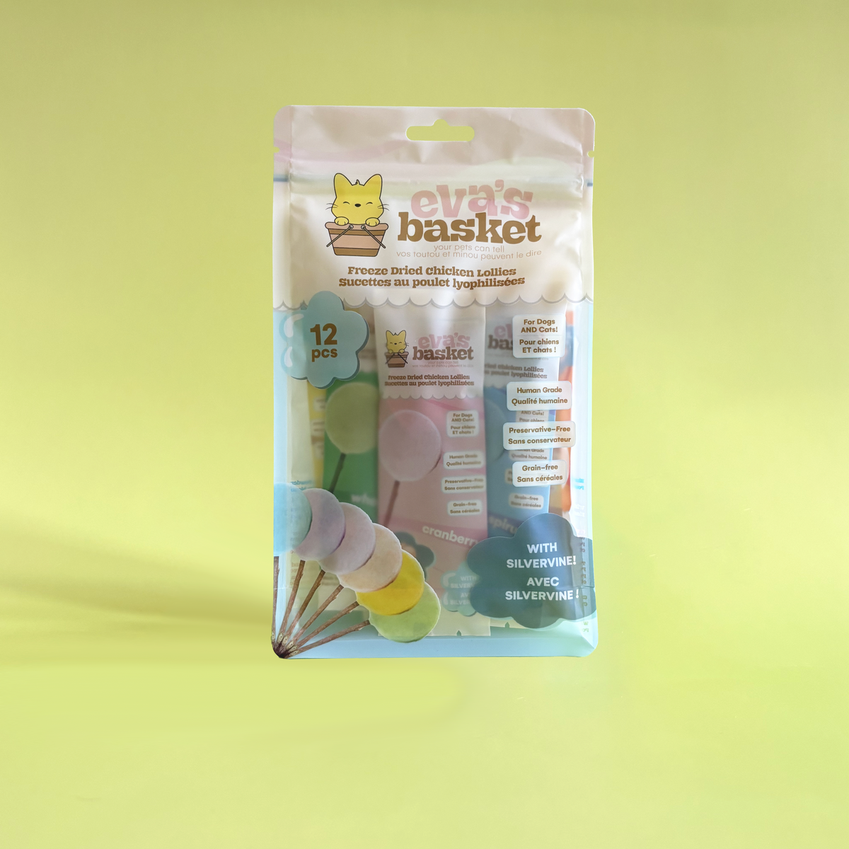 Colourful chicken lollipop treats on natural silvervine sticks