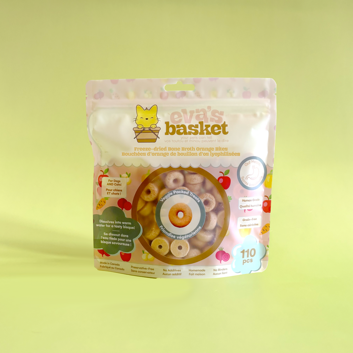 Orange freeze-dried bone broth donut treats for dogs and cats by Eva's Basket