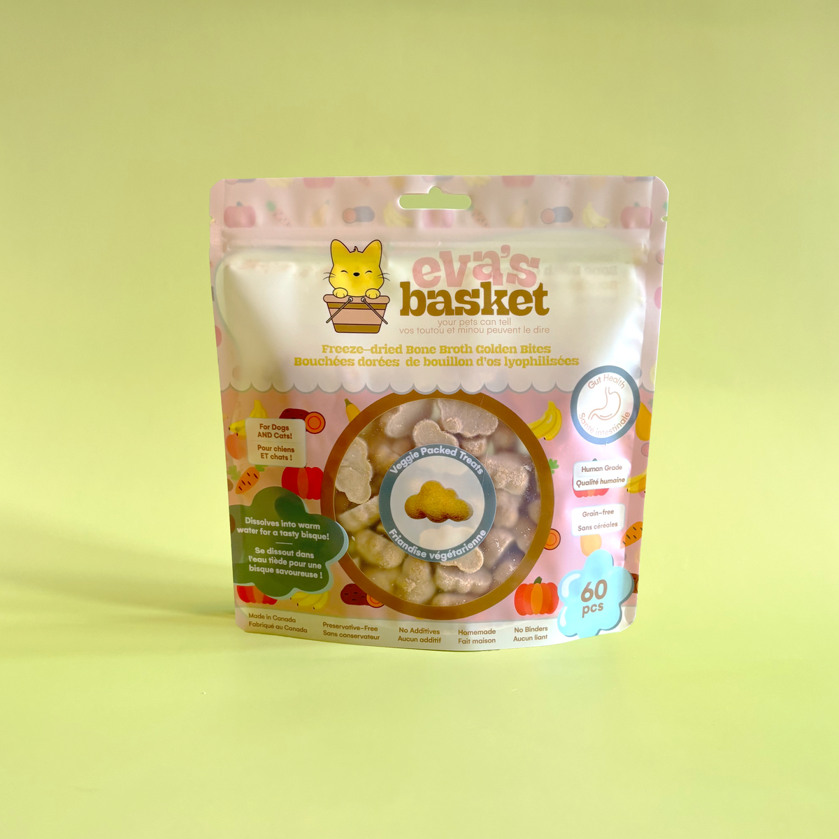 Golden freeze-dried bone broth cloud treats for dogs and cats by Eva's Basket