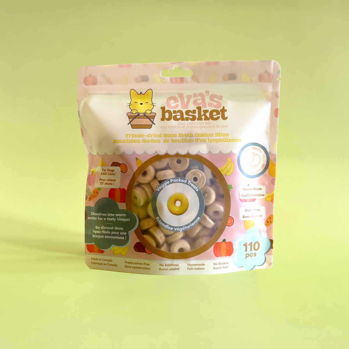 Golden freeze-dried bone broth donut treats for dogs and cats by Eva's Basket