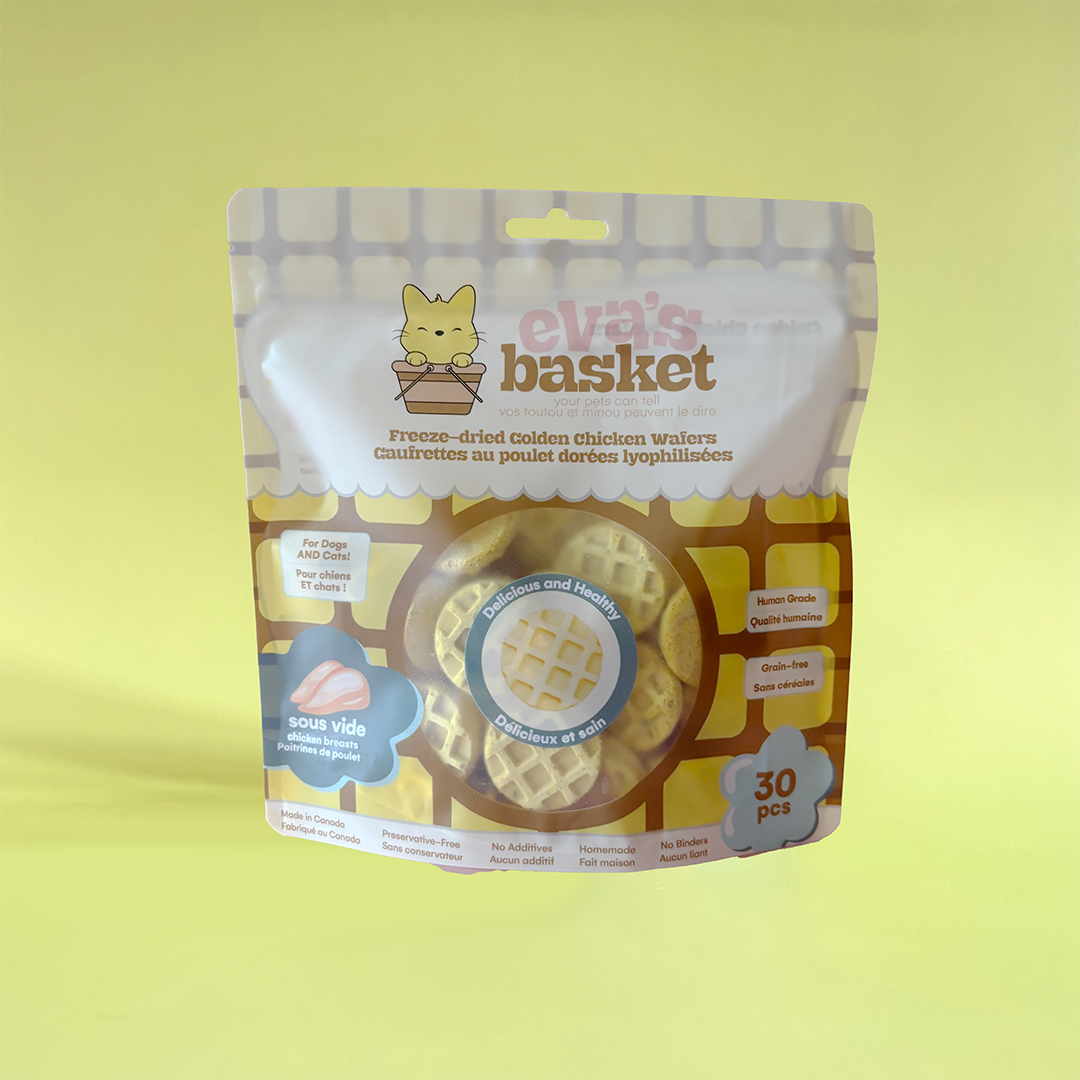 Golden freeze-dried turmeric chicken wafers for dogs and cats by Eva's Basket