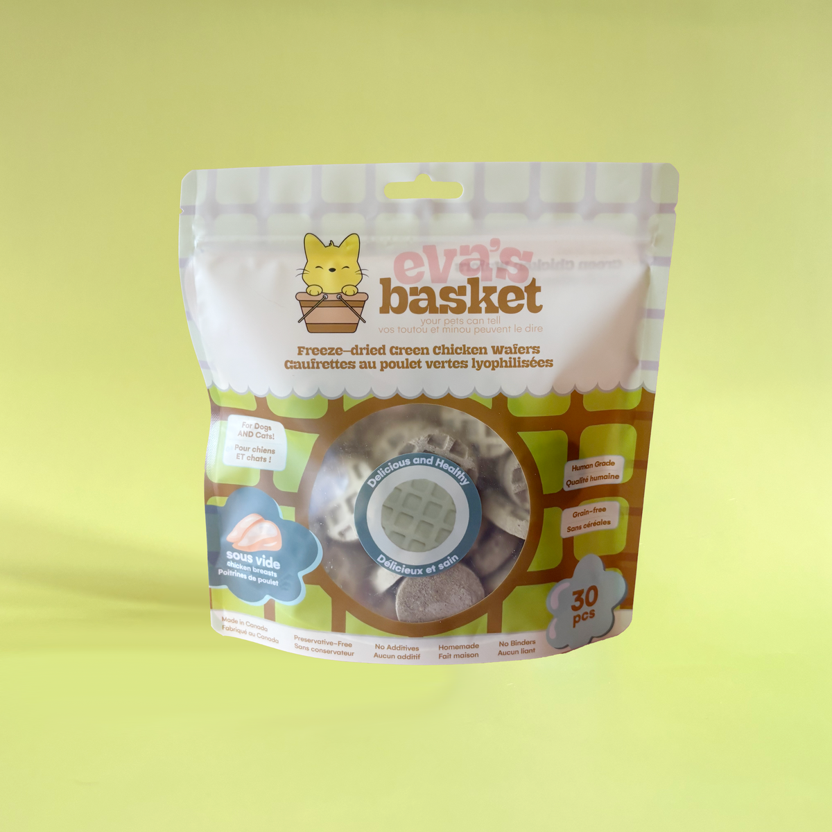 Green freeze-dried wheatgrass chicken wafers for dogs and cats by Eva's Basket