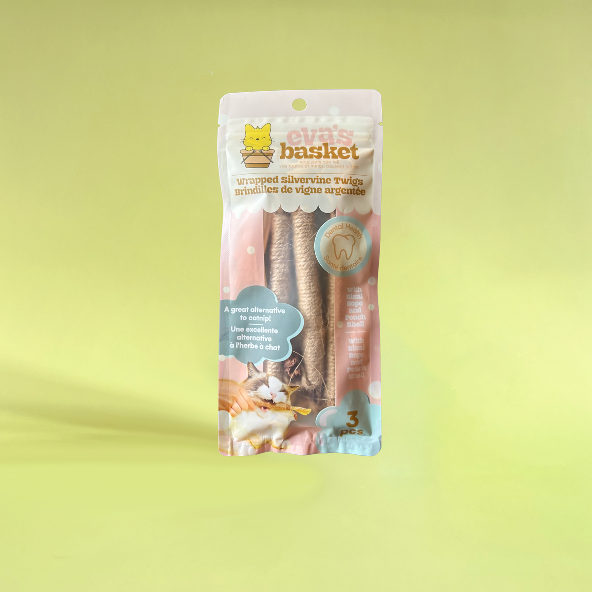 Natural silvervine cat chew toy wrapped in sisal rope with dangling peach shell by Eva's Basket