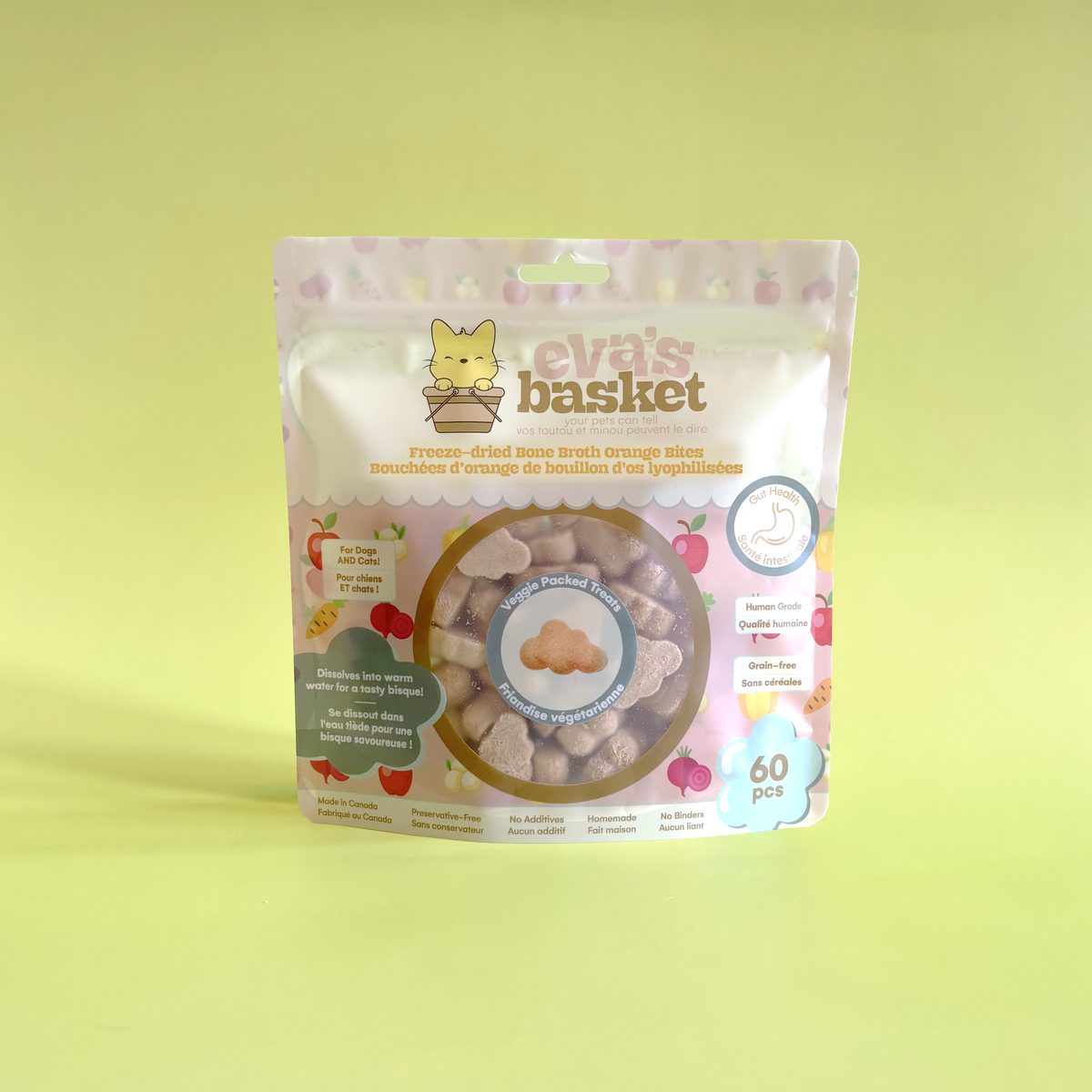 Orange freeze-dried bone broth cloud treats for dogs and cats by Eva's Basket