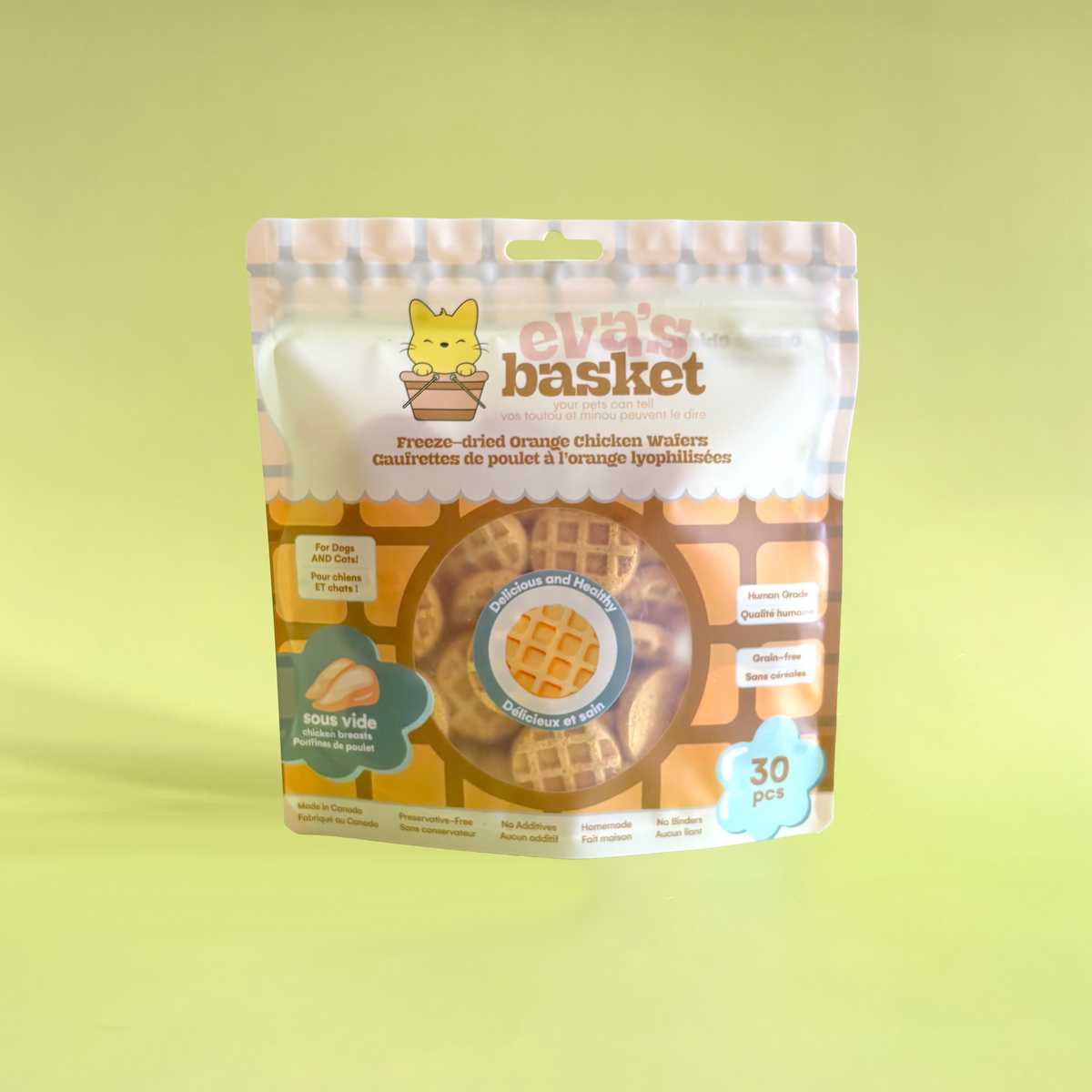 Orange freeze-dried pumpkin chicken wafers for dogs and cats by Eva's Basket