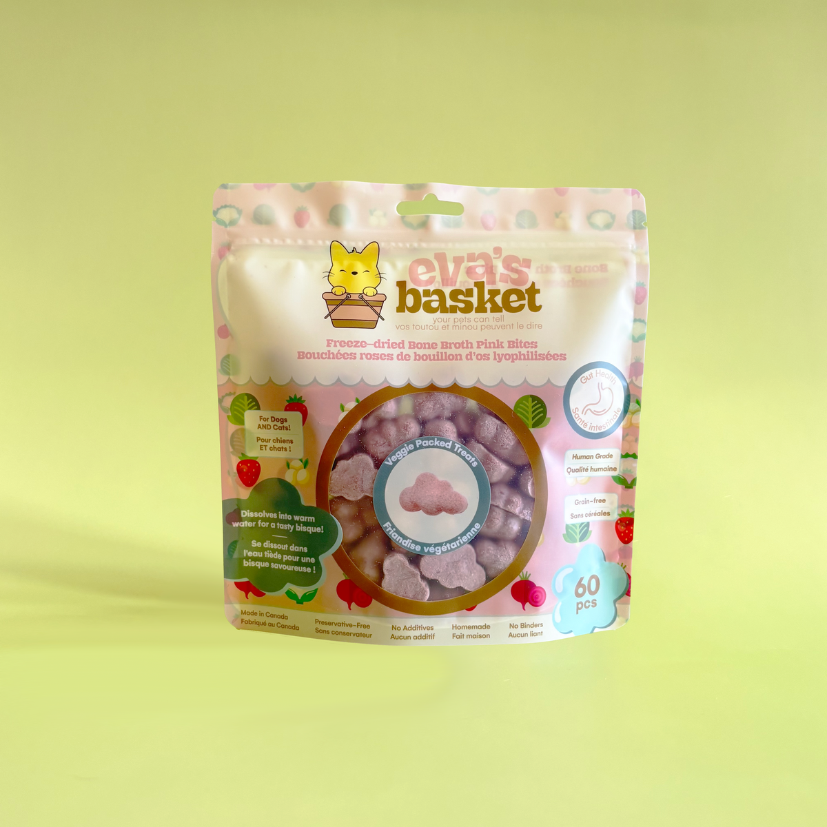 Pink freeze-dried bone broth cloud treats for dogs and cats by Eva's Basket