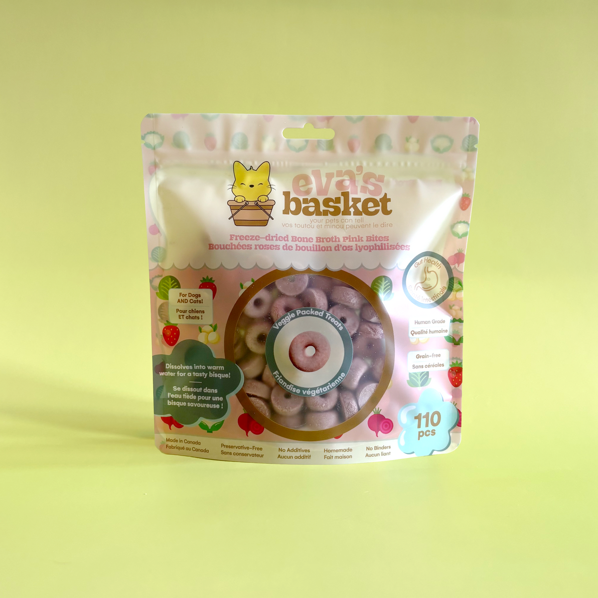 Pink freeze-dried bone broth donut treats for dogs and cats by Eva's Basket