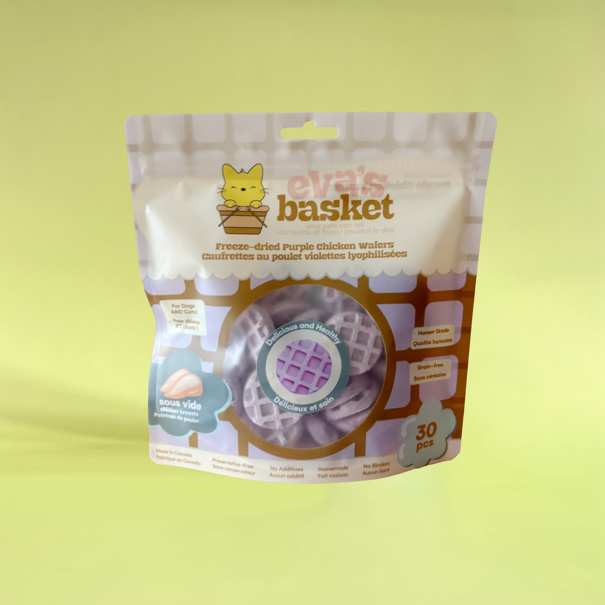 Purple freeze-dried chicken wafers for dogs and cats by Eva's Basket